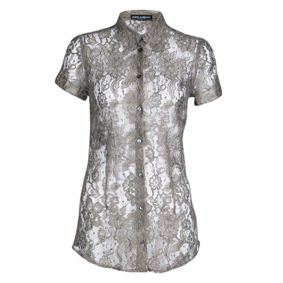 Dolce & Gabbana Delicate Lace Floral Stretched Button-Down Shirt In Khaki SZ 36 - Picture 1 of 16